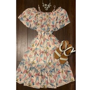 Light Pink Off Shoulder Floral Midi Dress